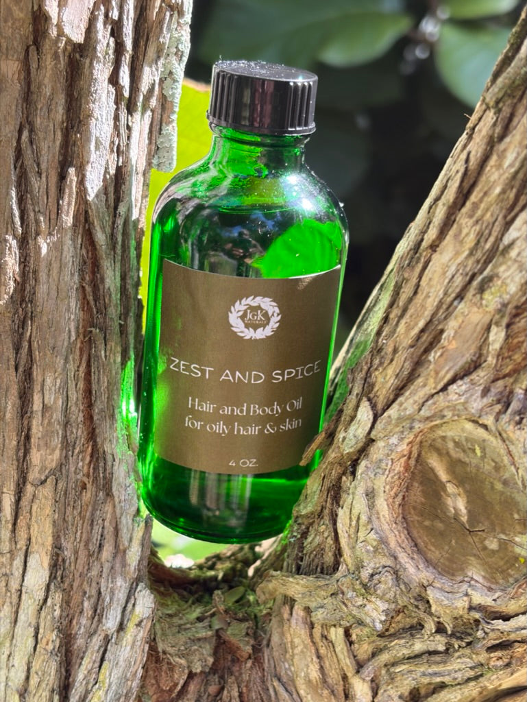 ZEST & SPICE HAIR AND BODY OIL  (for oily hair and skin)                    (a more masculine scent)